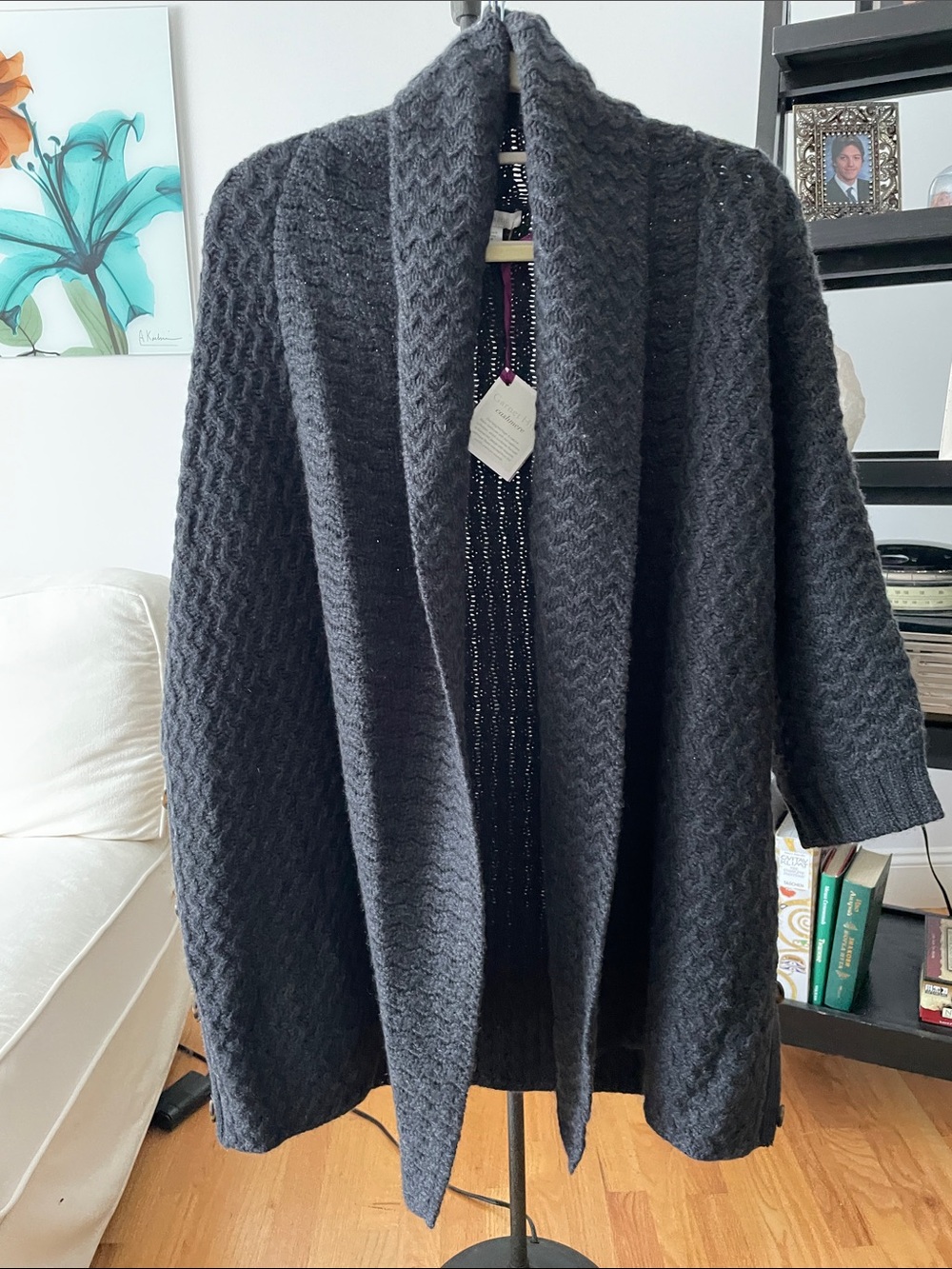 Garnet Hill Charcoal Open-Front Knit Shawl-Collar Coatigan